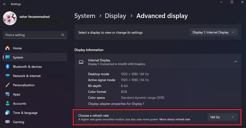 تنظیمات Refresh Rate در ویندوز
