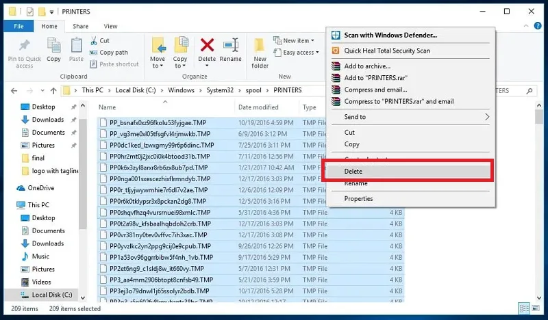 حذف فایل های پوشه %systemroot%\System32\spool\printers\ 