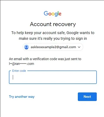 ارسال کد تایید برای بازیابی آدرس ایمیل گوگل
