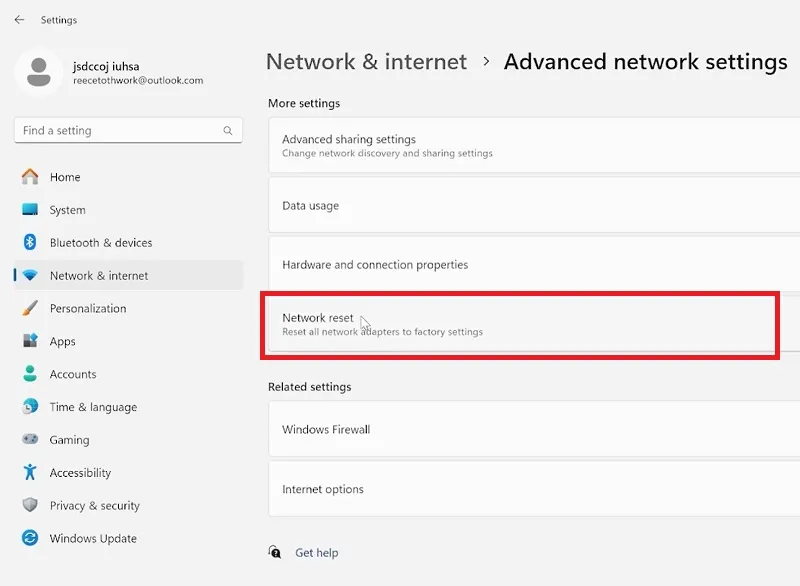 تنظیمات Network reset در ویندوز
