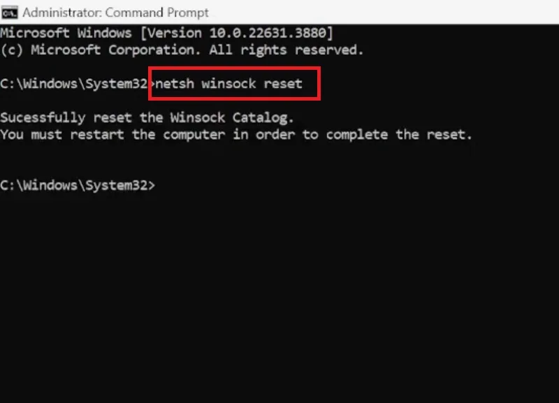 دستور netsh winsock reset در command prompt ویندوز