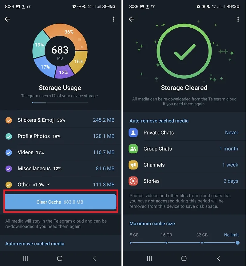 پاکسازی cache تلگرام از داخل تلگرام