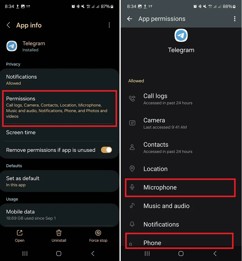 حل مشکل تماس صوتی تلگرام با فعال‌سازی دسترسی‌های برنامه در اندروید