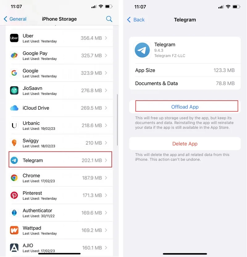 offload تلگرام در آیفون