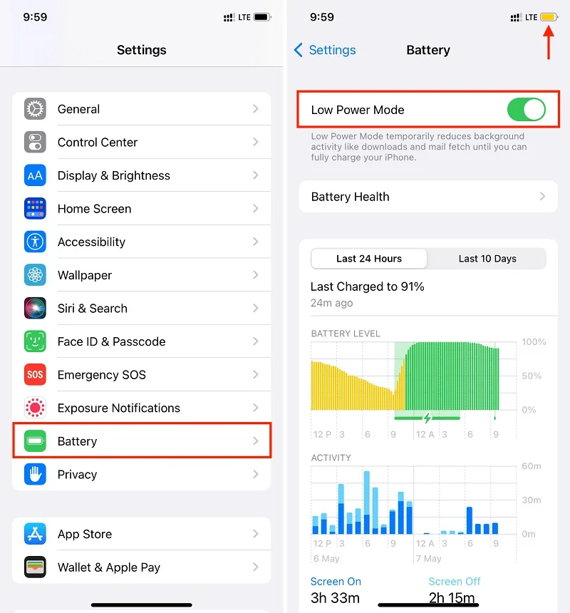 غیر فعالسازی Low Power Mode در آیفون برای رفع مشکل تماس صوتی تلگرام
