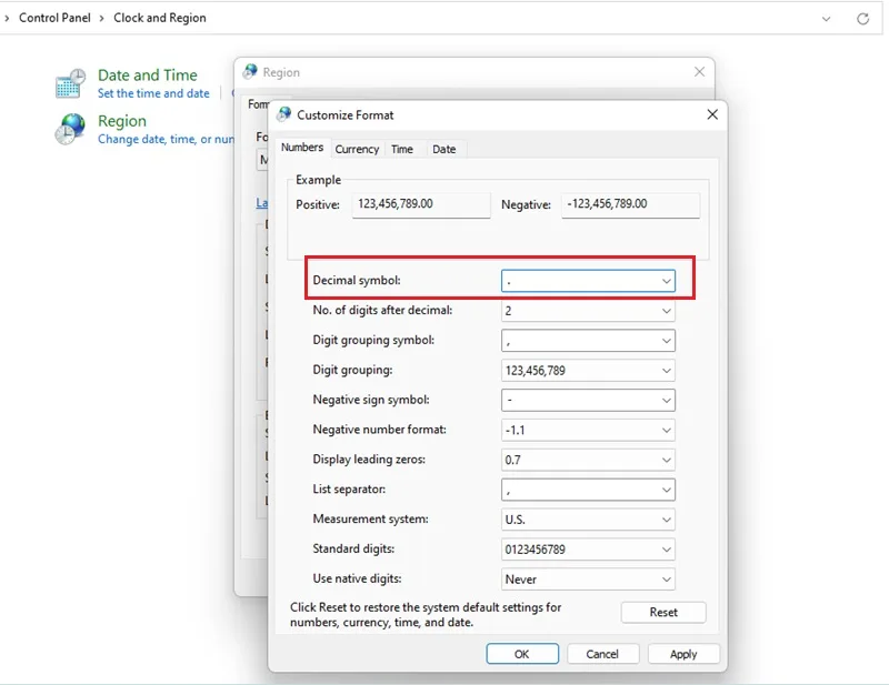 مشکل ممیز اکسل