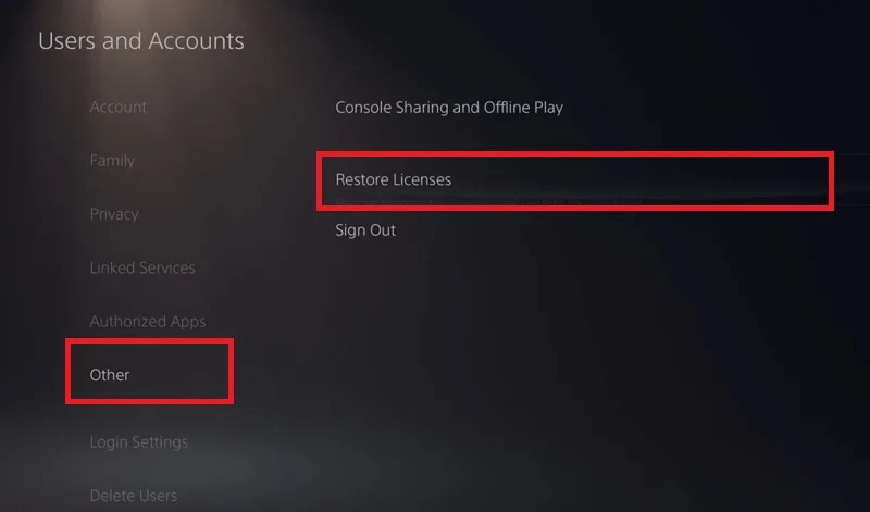 گزینه Restore Licenses در تنظیمات پلی استیشن
