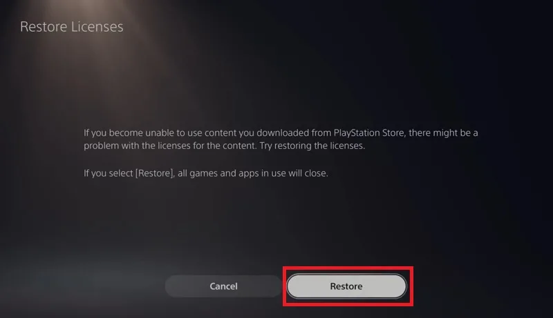 حل ارور Cannot Use the Content PS5 با Restore Licenses