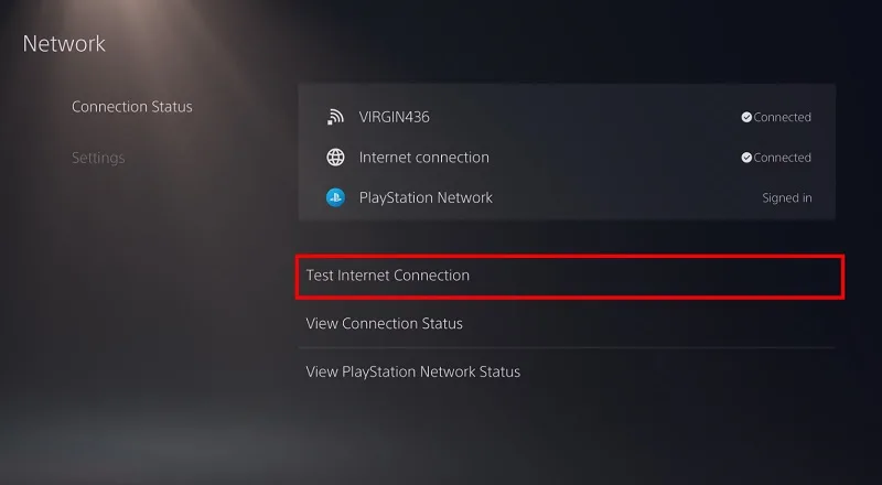 گزینه Test Internet Connection در تنظیمات ps5