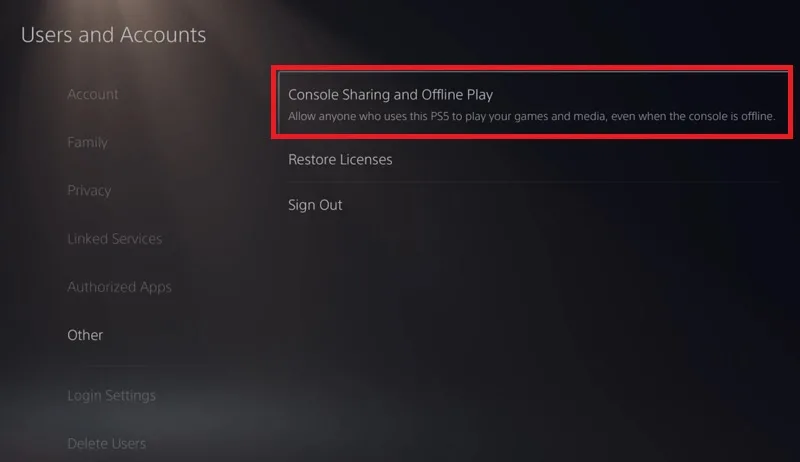 گزینه Console Sharing and Offline Play در تنظیمات ps5