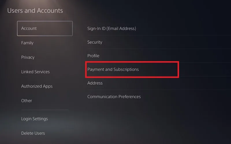 بخش Payment and Subscriptions در تنظیمات ps5