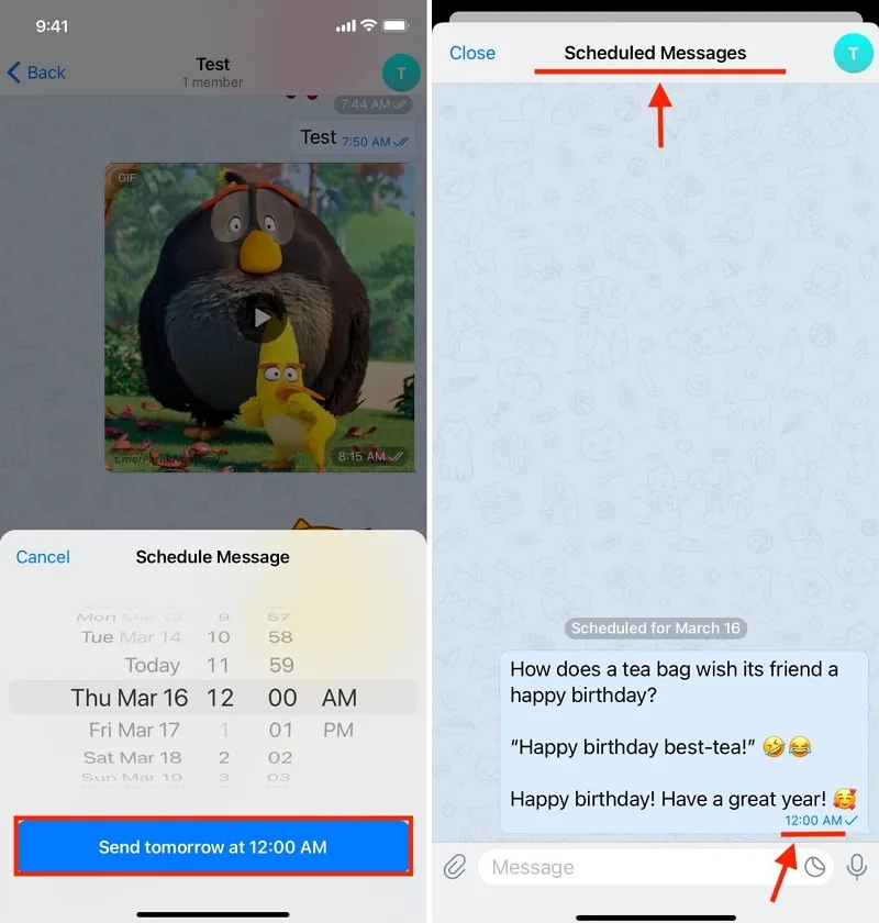 زمان بندی پیام تلگرامی iphone