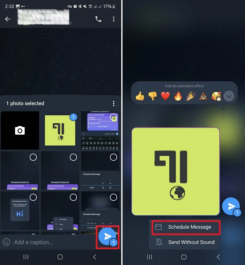 ارسال عکس، فیلم یا فایلها به صورت زمانبندیشده در تلگرام اندروید