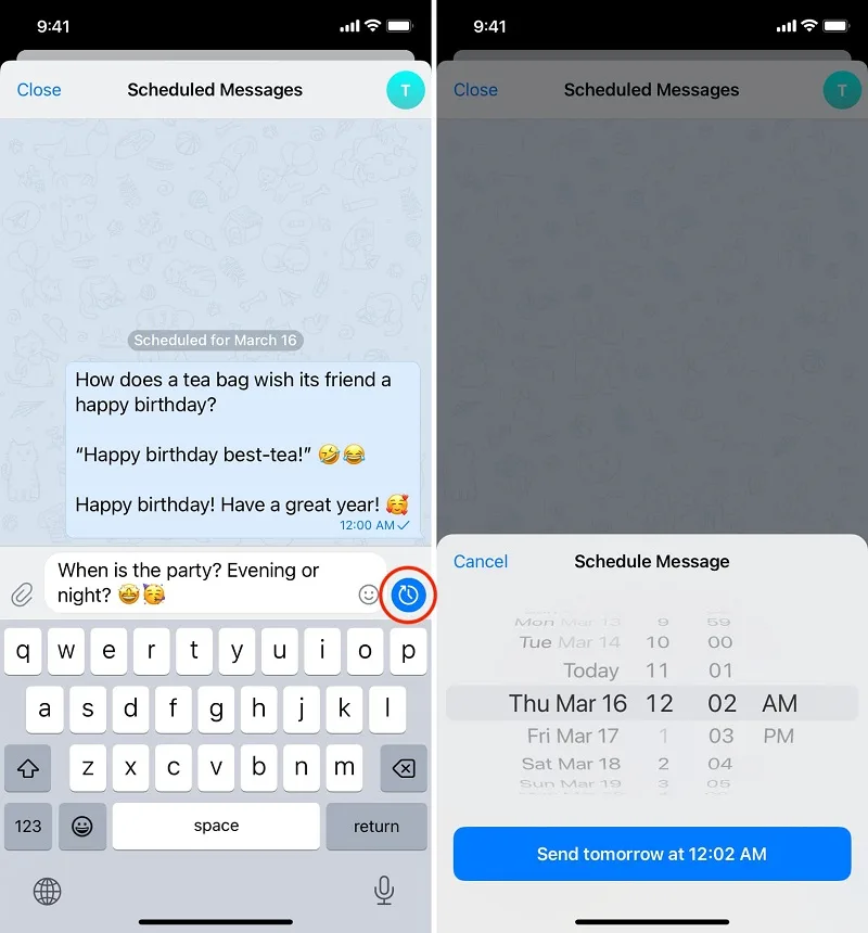 ارسال چند پیام زمان دار تلگرام در iphone