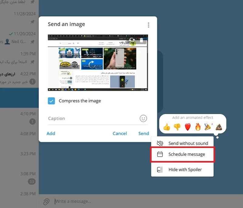ارسال عکس و فیلم Schedule Message در ویندوز تلگرام دسکتاپ