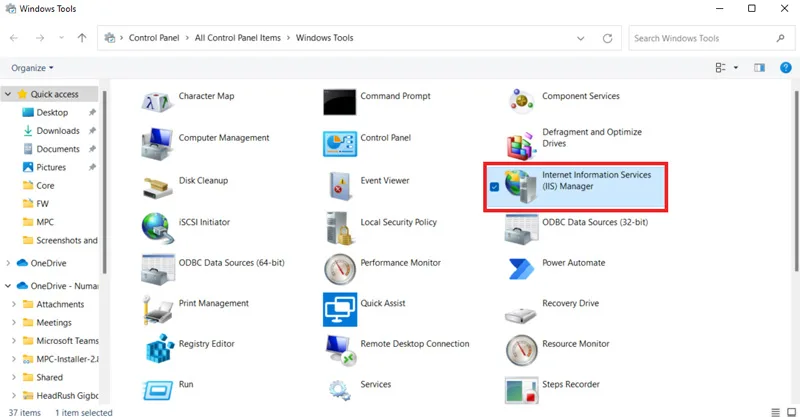 باز کردن بخش Internet Information Services (IIS) Manager