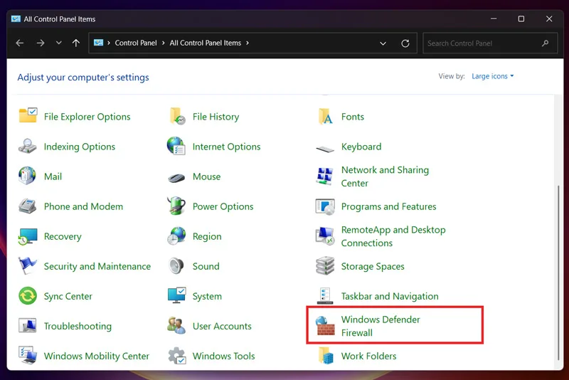 باز کردن بخش Windows Defender Firewall
