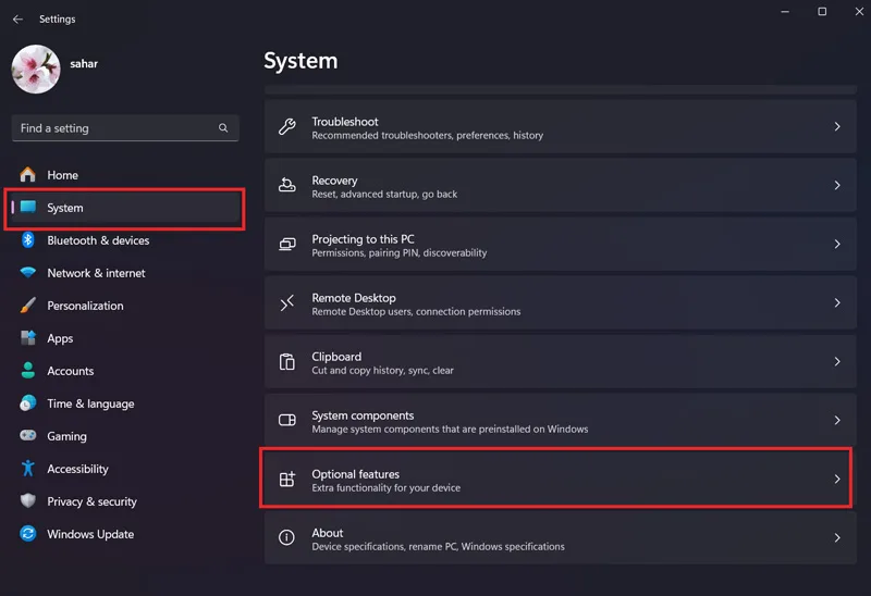 تنظیمات Optional Features