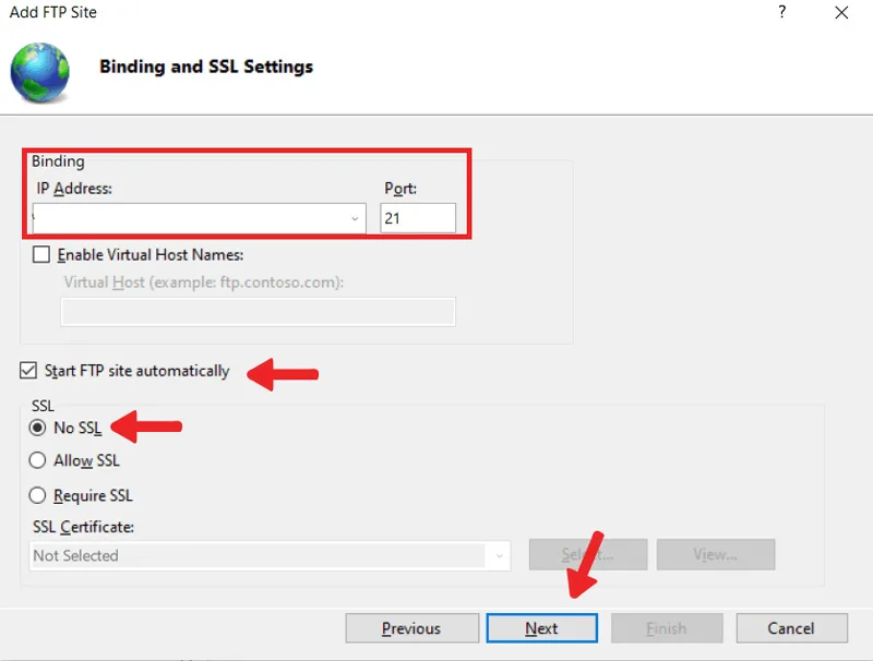 تنظیمات بخش Binding and SSL Setting