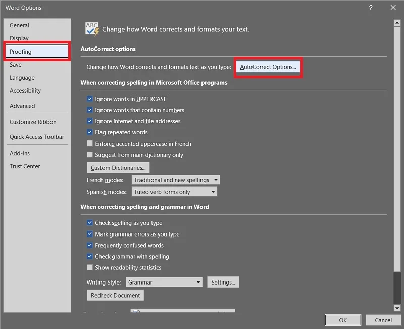 تنظیمات AutoCorrect Options در ورد