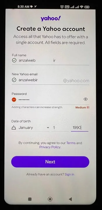 ثبت نام در برنامه یاهو میل