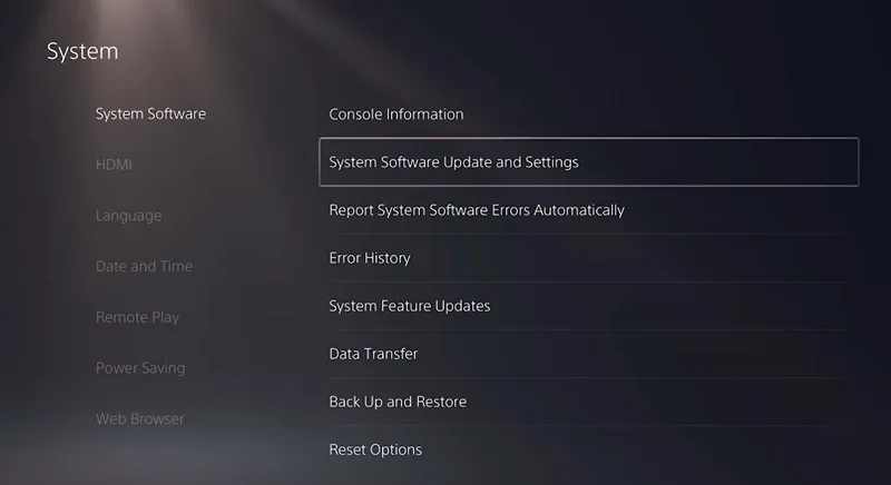 گزینه System Software Update and Settings در کنسول پلی استیشن 5