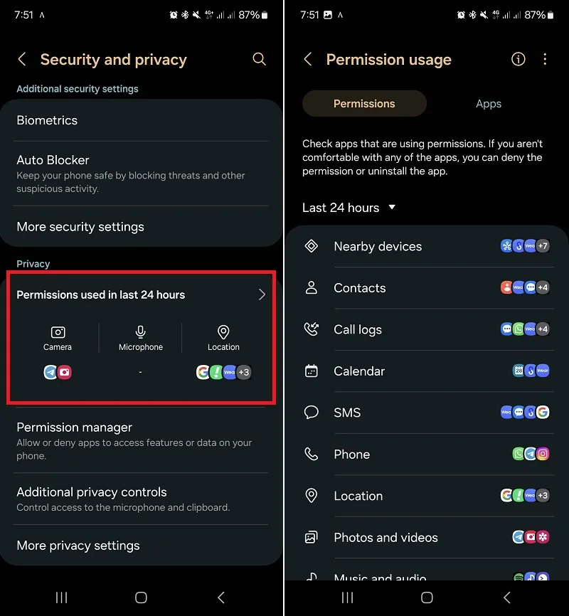 بررسی مجوزهای استفاده شده توسط برنامه ها در Permission used in last 24 hours
