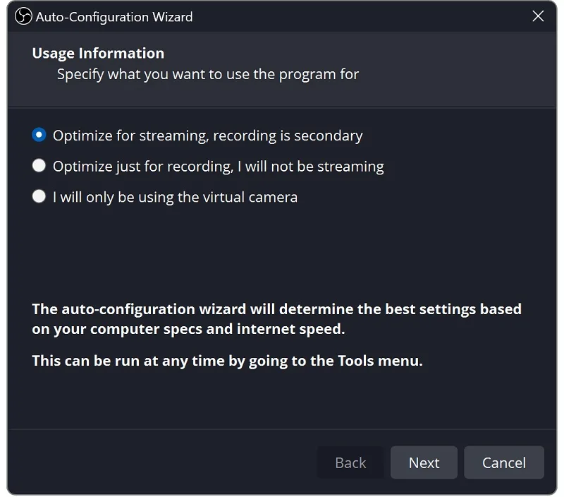 تنظیمات OBS برای استریم با ابزار Auto-Configuration Wizard