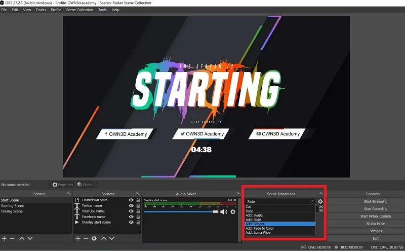 تنظیمات بخش Scene Transitions در OBS