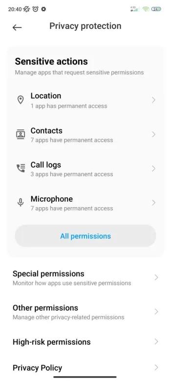 مجوزهای گوشی شیائومی