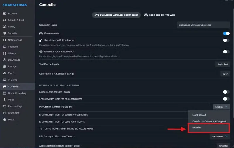 فعال کردن PlayStation Controller Support برای اتصال دسته ps5 به کامپیوتر ویندوز 11