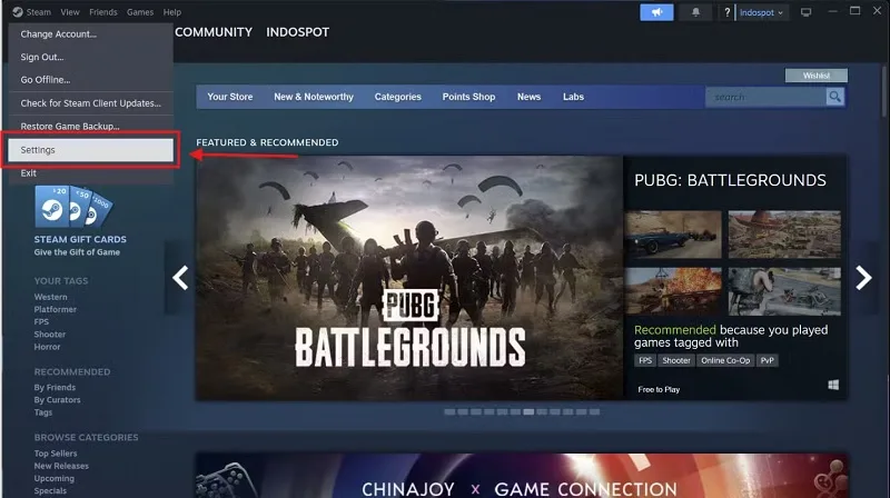 بخش Settings در نرم افزار steam برای وصل کردن دسته به کامپیوتر ویندوز
