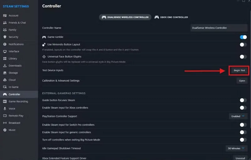 گزینه Begin Test برای تست نصب دسته بازی در ویندوز 11