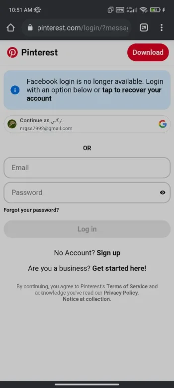 ایمیل برای حذف اکانت پینترست
