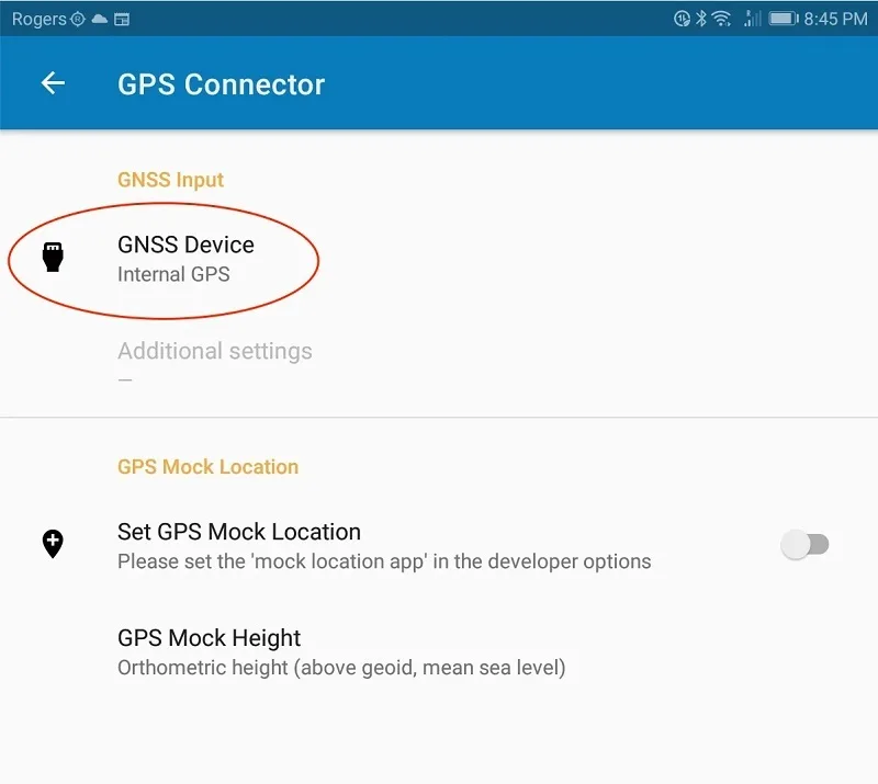 بخش GNSS Device در تنظیمات برنامه GPS Connector