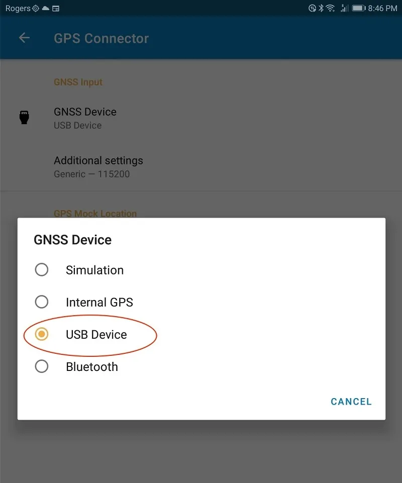 انتخاب نوع اتصال جی پی اس در برنامه GPS Connector برای نصب جی پی اس روی گوشی
