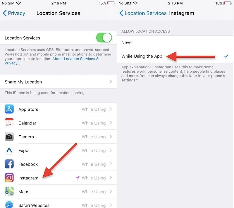 فعال سازی Location Services برای اینستاگرام ایفون