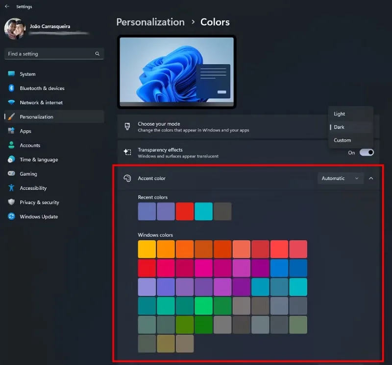تغییر Colors تم دارک ویندوز 11
