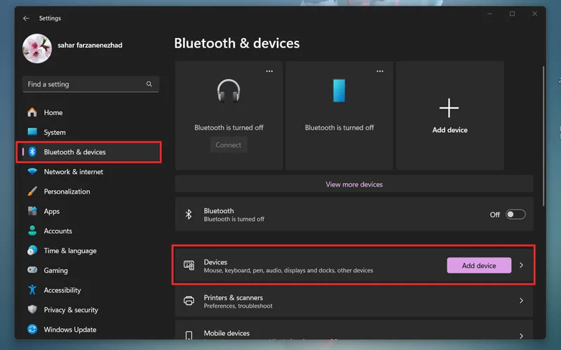 تنظیمات Bluetooth and devices
