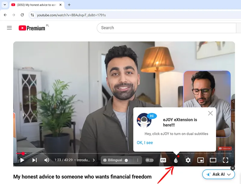 افزونه ترجمه همزمان ویدیوی یوتیوب ejoy