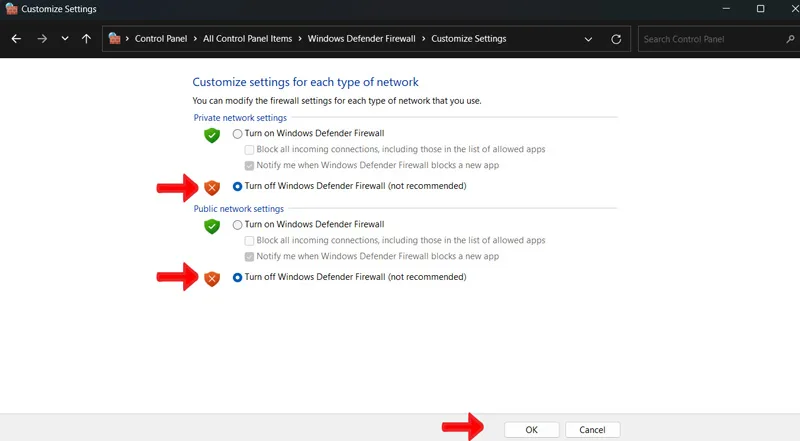 چرا گوگل کار نمیکنه، خاموش کردن Windows Defender Firewall را امتحان کنید