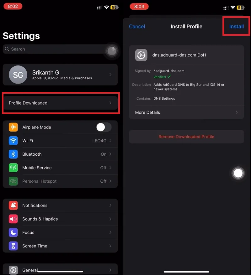 تنظیمات Profile downloaded برای سرورهای AdGuard DNS
