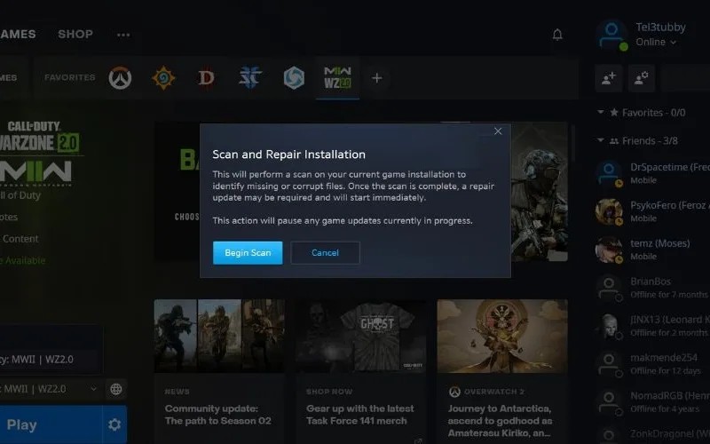 اسکن فایلهای بازی و تعمیر فایلهای خراب برای حل مشکل fatal error در بازی call of duty warzone