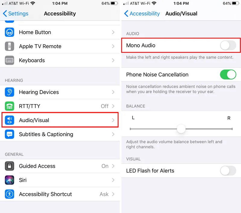 چرا یکی از ایرپاد ها کار نمیکند، Mono Audio را خاموش کنید
