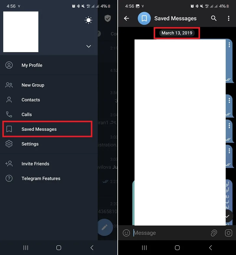 بررسی تاریخ اولین پیام در بخش Saved Messages