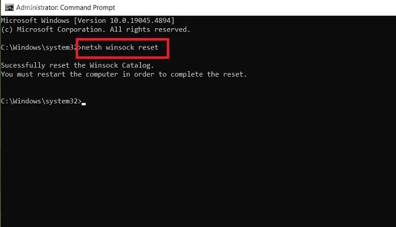 استفاده از دستور netsh winsock reset در CMD برای حل مشکل کند شدن گوگل کروم