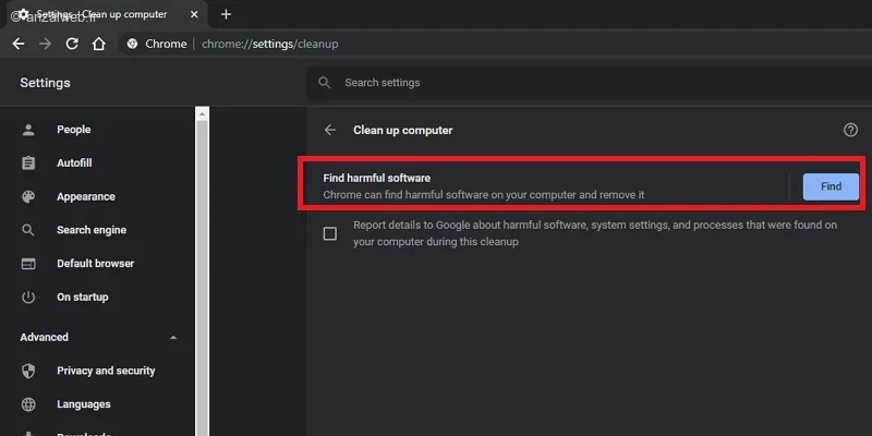 استفاده از گزینه Find harmful software برای رفع علت دیر باز شدن گوگل کروم در ویندوز 10
