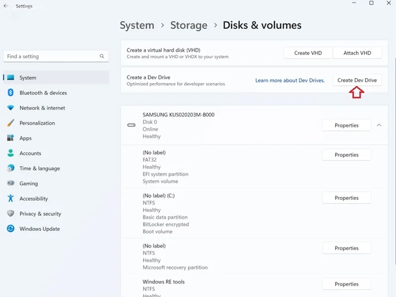 ایجاد dev drive