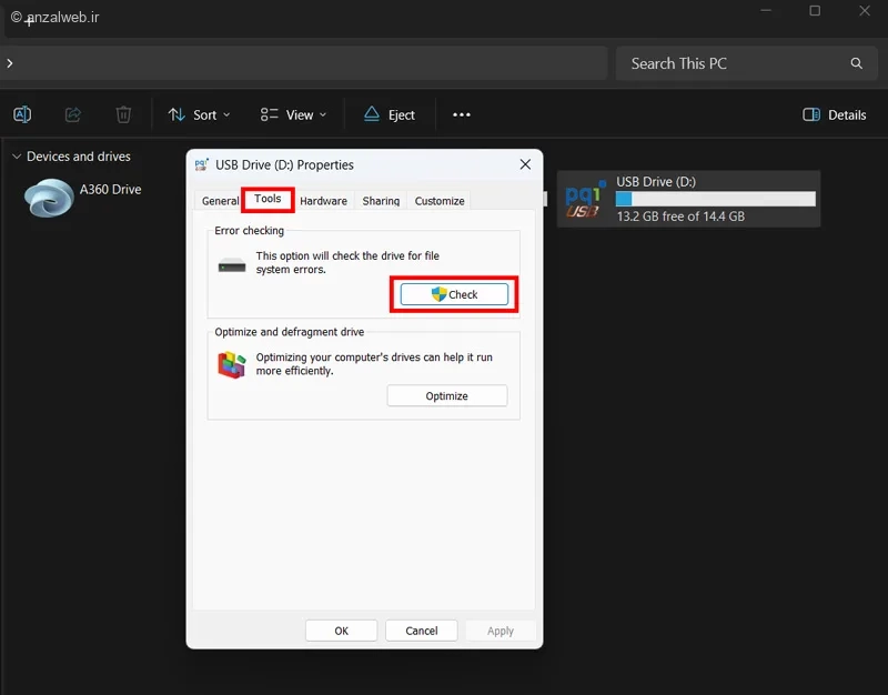 استفاده از Windows Disk Check Tool برای حل مشکل فلش