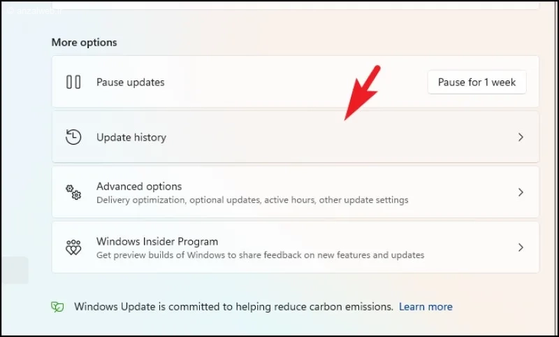 بخش Update history ویندوز
